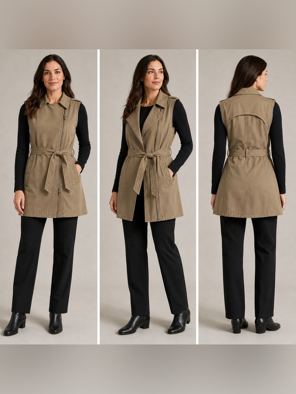 DKNY Jeans Sleeveless Belted Moto Trench Vest Khaki Taupe Size M